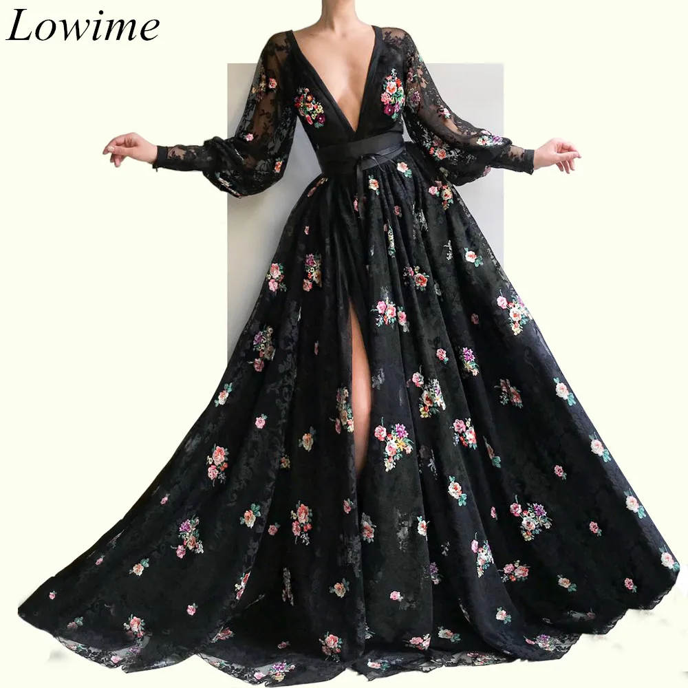 Черные кружевные вечерние платья трапециевидные с глубоким V образным вырезом