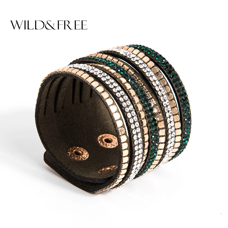 

Wild&Free Cuff Wide Wrap Bracelet Rope Bangles Brown For Men Women Fashion Rhinestone Crystal Multilayer Bracelet Unisex Jewelry