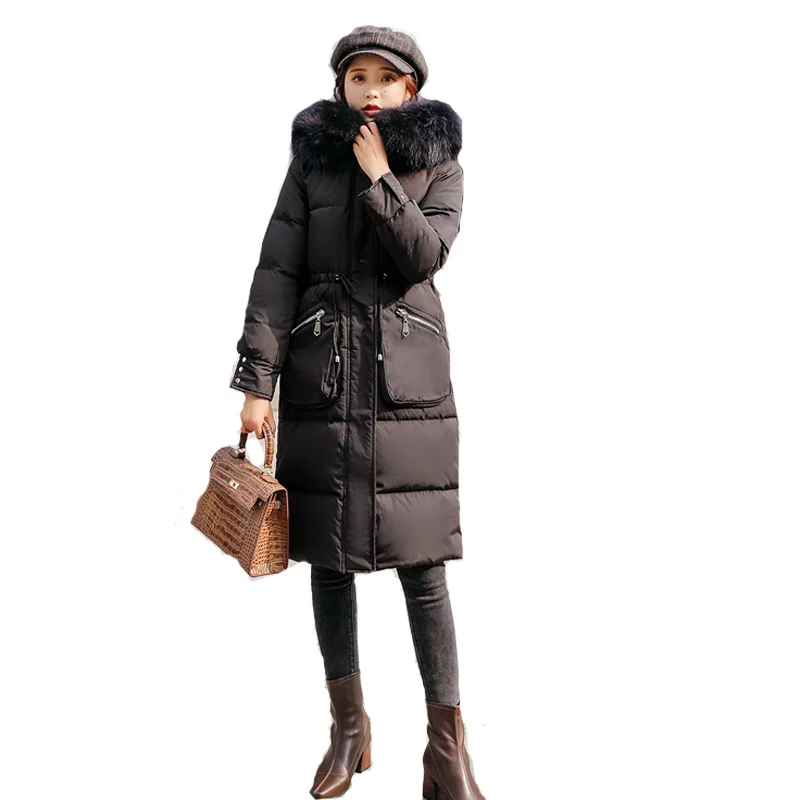 Женский длинный пуховик с капюшоном куртка из натурального меха енота теплая
