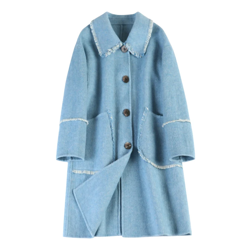 

100% Woolen coat female long section autumn and winter new popular double-sided cashmere tassel long wool coat female blue coats