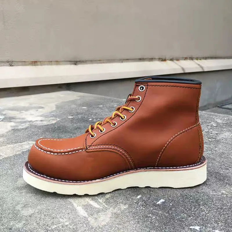 101 Yellow Brown Goodyear/Винтажные ботильоны в байкерском стиле из натуральной кожи; высококачественные мужские повседневные модельные ботинки с круглым носком и крыльями; красные ботинки для работы - Цвет: 101 Yellow Brown