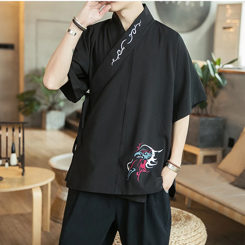Chinese Style Shirts Men Summer Casual Vintage Mens Shirts Fashion Print Male Cotton Linen Male Clothing