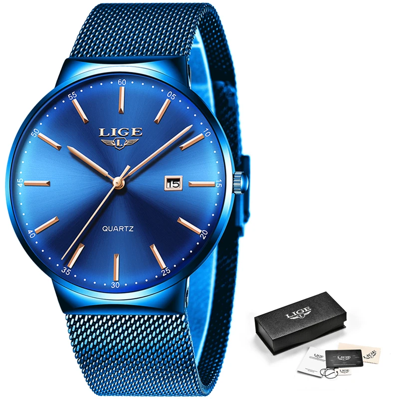 

LIGE Men's Watches New Luxury Watch Men Fashion Sports Quartz Watch Stainless Steel Mesh Strap Ultra Thin Dial Date Blue Clock