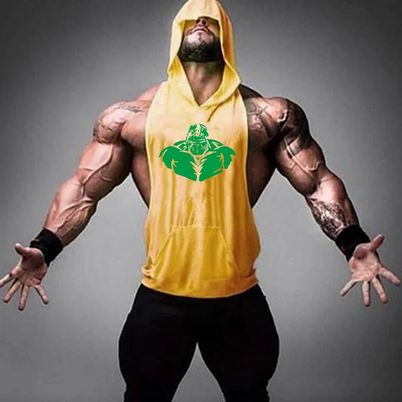 Hulk yellow Новинка, мужские майки для бодибилдинга, тренажерного зала, фитнеса, тренировок, без рукавов, толстовки, мужские повседневные, без боли, без усиления, мужская жилетка с капюшоном, одежда - Цвет: Hulk yellow