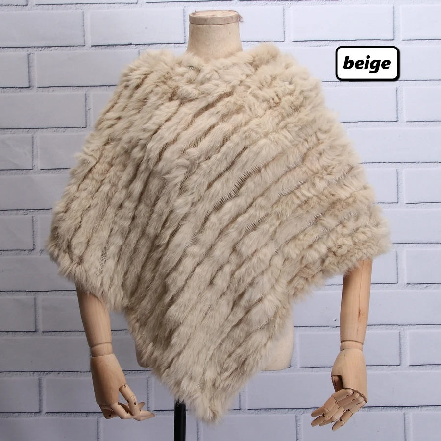 beige ZDFURS* Осень-зима, женское пончо из натурального кроличьего меха, треугольная меховая шаль, натуральный мех, пуловеры, вязаная накидка с кроличьим мехом - Цвет: beige