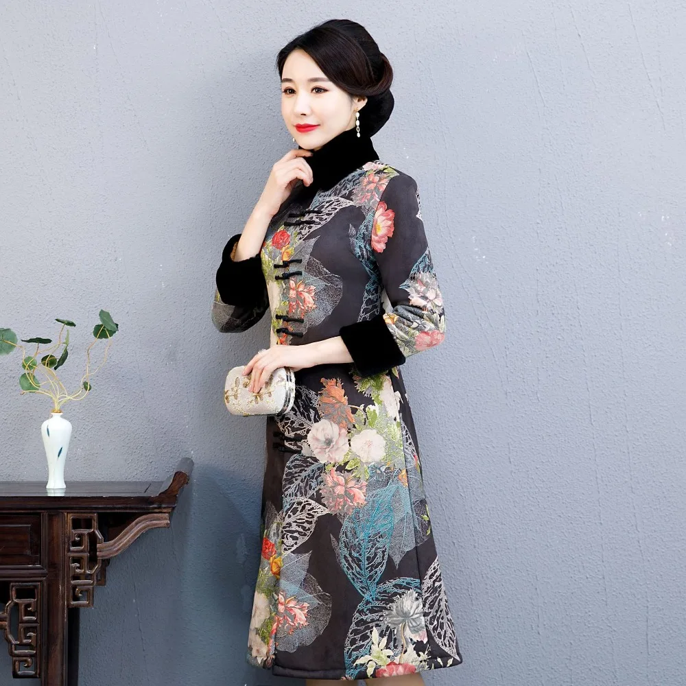 2019 new Winter Qipao Traditional Chinese Dress for Women long Sleeves Vestidos Vintage Pinch cotton Cheongsam Slim Party | Тематическая