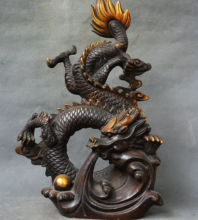 

14" Old China Dyansty Copper Bronze Gilt Feng shui Dragon God Loong Beast Statue