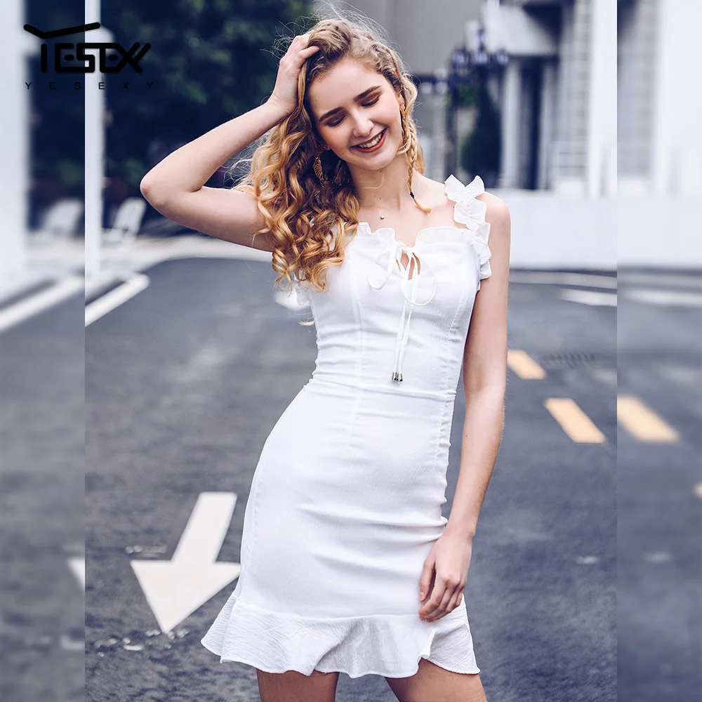 Yesexy 2019 летнее женское платье-бодикон без рукавов на тонких бретельках Мини