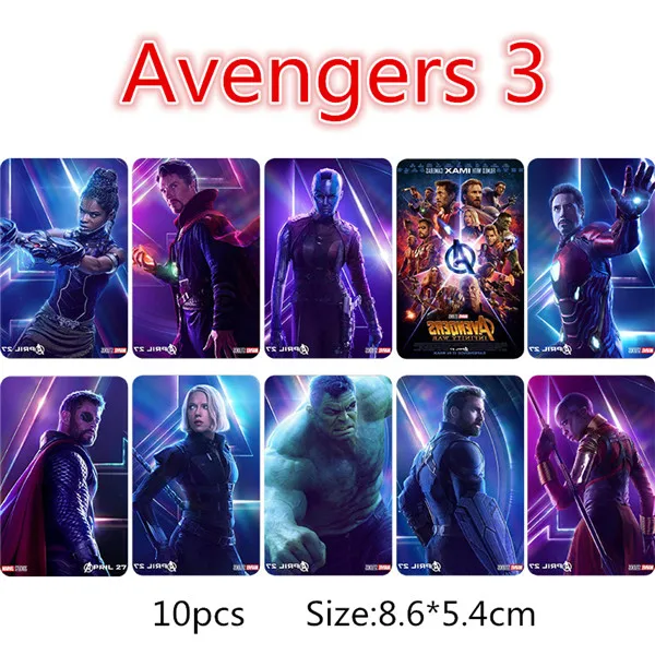 Avengers 3 10 шт./компл. с принтами "Marvel", "Мстители", 4 развязка коллекция карт с украшением в виде кристаллов карты Стикеры Железный человек Марвел Капитан с украшением в виде кристаллов карты детские игрушки - Цвет: Avengers 3