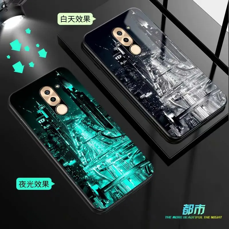 For Huawei Honor 6X Case Luxury Luminous Pattern Hard Tempered Glass Protective Back Cover for huawei honor6X phone shell |