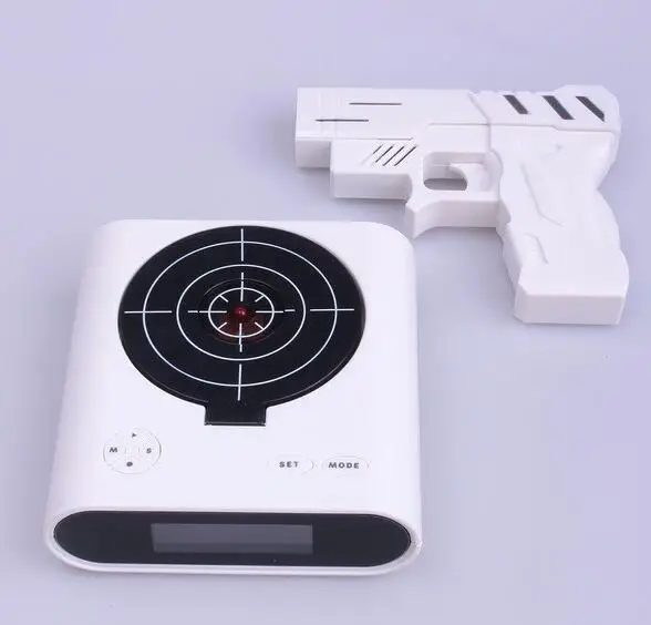 Новинка Новая лазерная Целевая Gun Будильник Повтор разбуди с светодиодный Подсветка стол гаджет стрелять остановить мода подарок