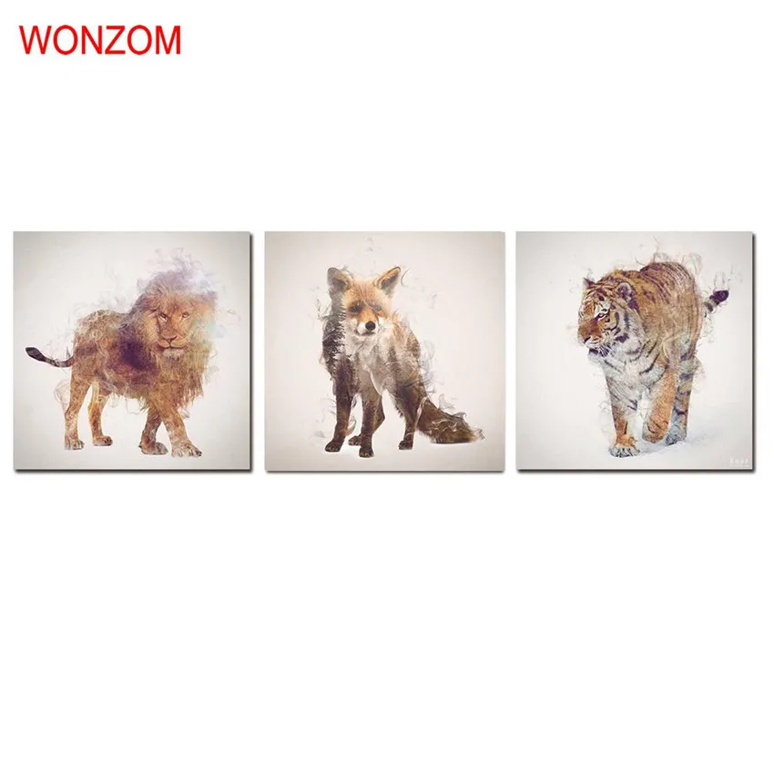3 шт. в раме с изображением тигра Льва лисы животных холст художественная