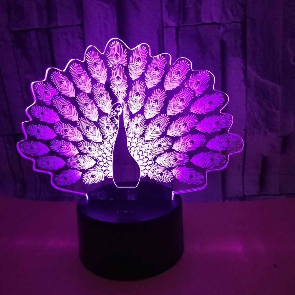 Павлин 3d лампа семь цветов Изменение 3D Led визуальный подарок маленький ночник