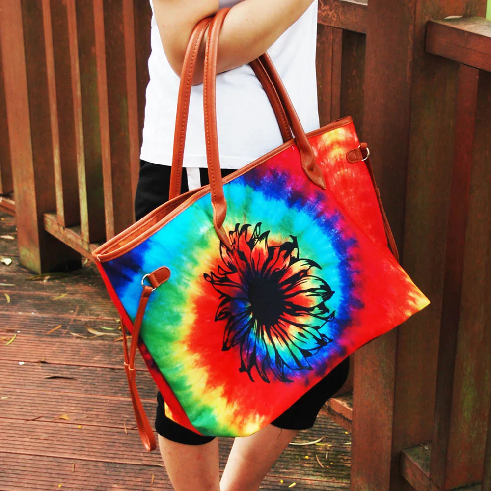 

DOMIL Tie Dye Handbag Canvas Sunflower Endless String Travel Tote Large Capacity Rainbow Women Purse DOM1061333