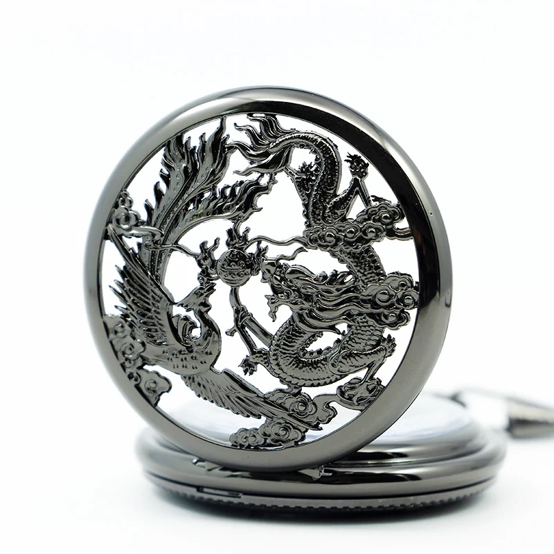 Exquisite Flying Dragon Phoenix Hollow Embossed Mechanical Pocket Watch Vintage Necklace Pendant Fob Chain Men's Watch Gift