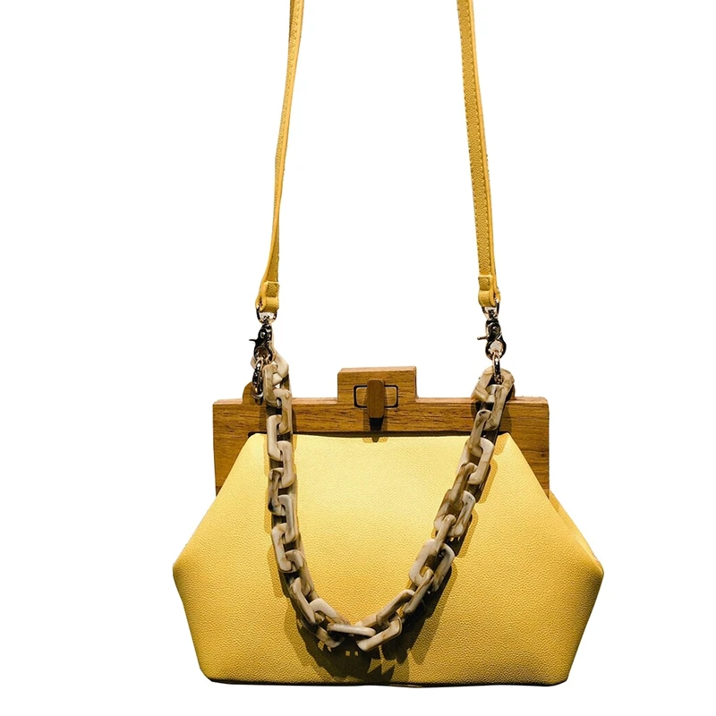 Yellow Women'S Box Bag Bucket Bag Wooden Clip Evening Bag Ins Acrylic Chain Luxury Handbag Banquet Party Purse Shoulder Bag - Цвет: Yellow