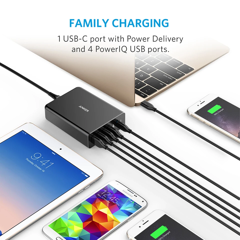 Anker usb type-C 5-port Total 60 Вт USB Wall charger порт питания + 5 с доставкой для Apple Macbook iphone 8 X |