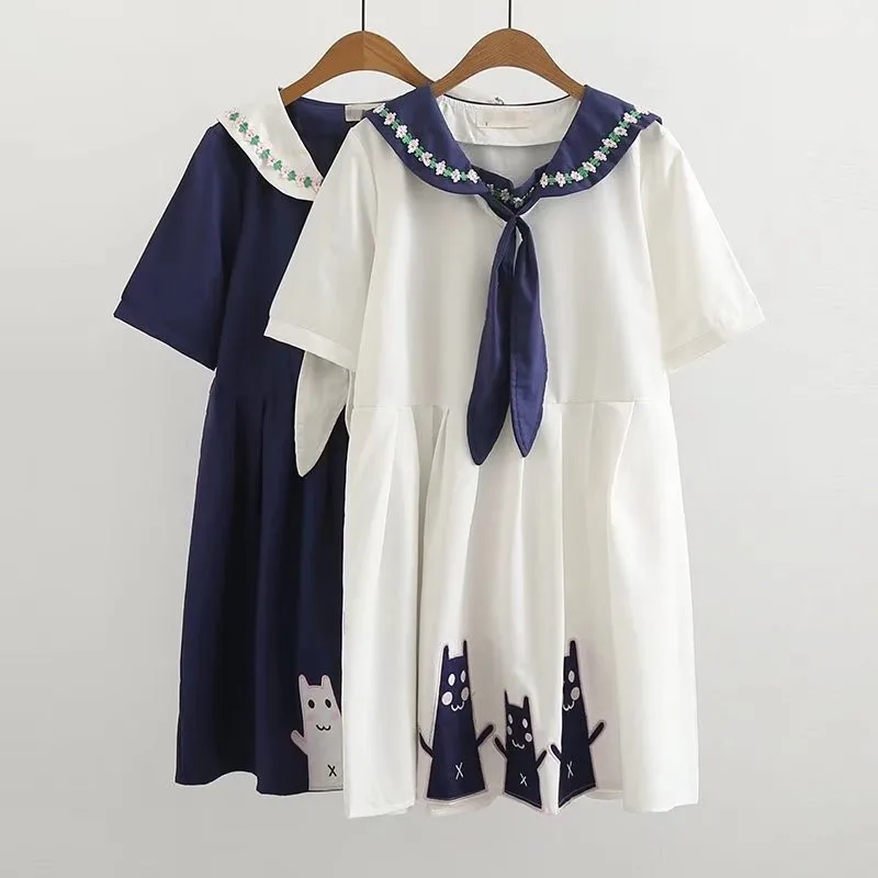

Women Summer Dress Preppy Style Kawaii Sailor Collar Necktie 3D Flowers Cartoon Mouse Embroidery Empire Babydoll Short Dress