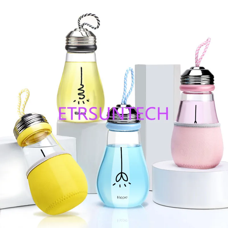 

Creative light bulb water bottle, transparent 4-color milk juice drink Bottle, creative fun students readily drink glass Bottle