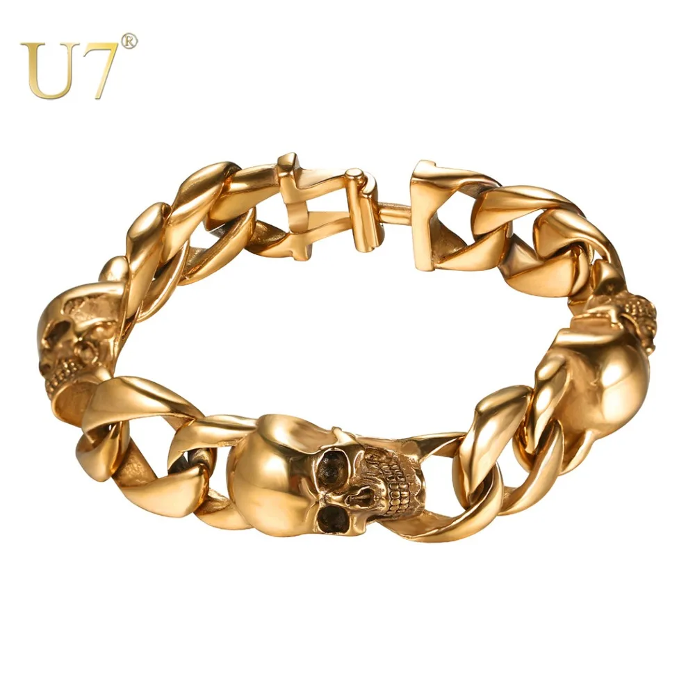

U7 Skull Bracelets Cuban Link Skeleton Rocker Punk Bangle Stainless Steel Gold Color Halloween Bracelet Gift Men Jewelry H1039