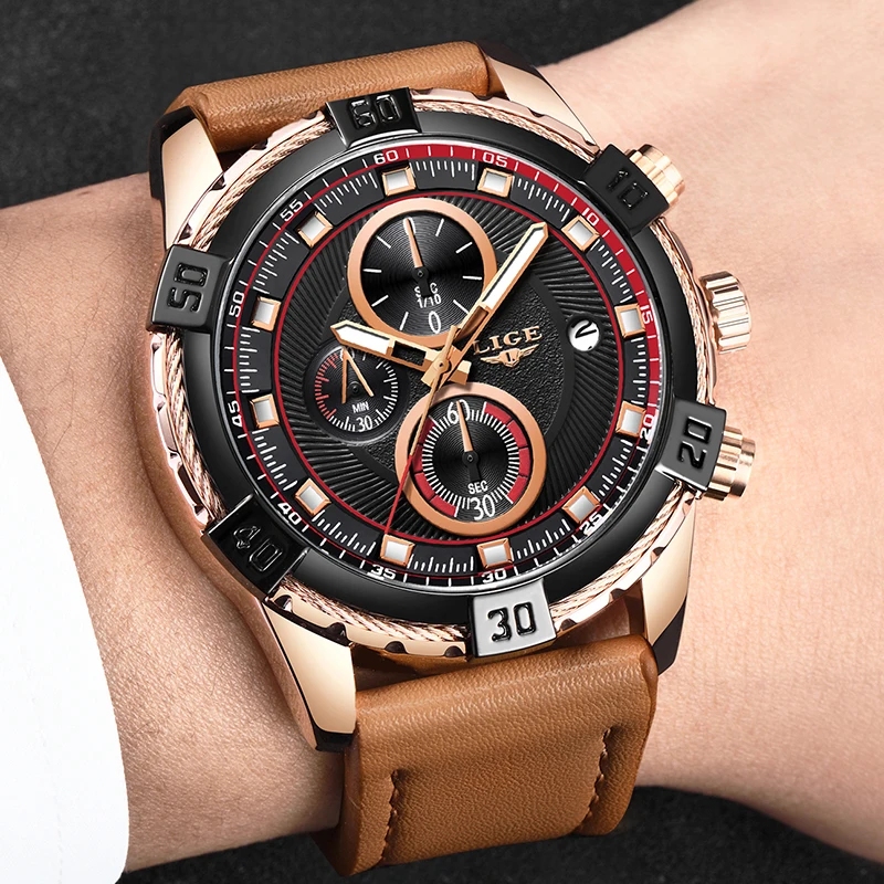 Men Watches LIGE Fashion Business Chronograph Top Brand Luxury Quartz Watch Men Casual Leather Waterproof Watch Reloj Hombre+Box