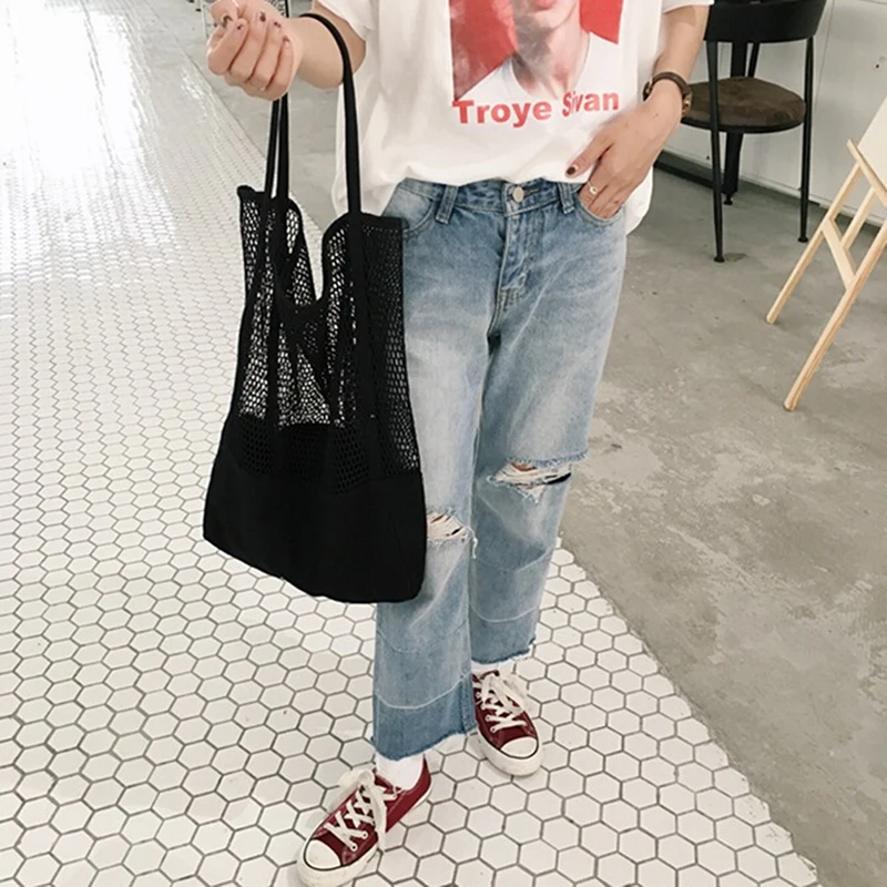 

Hollow Big Shoulder Bags for Woman Black white Large Canvas Shopping Bag Summer Beach Handbag Messenger Fashion Canvas Handbag
