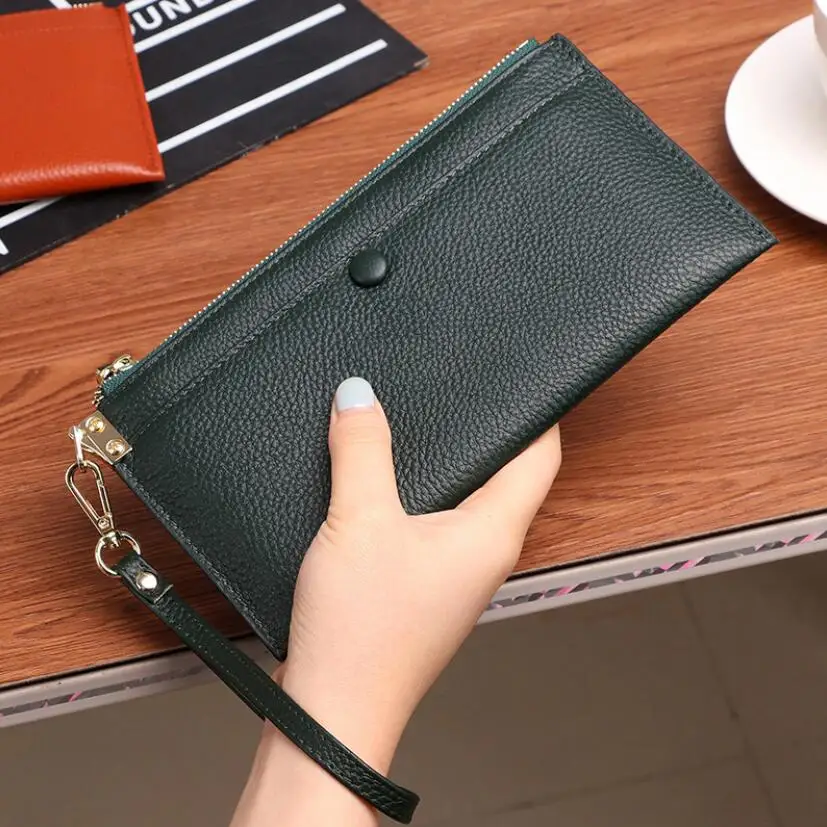 Green Модный женский кошелек из натуральной кожи, новинка, коровья кожа, Женский кошелек на молнии, брендовый длинный клатч, кошелек для мобильного телефона, сумка для карт - Цвет: Green