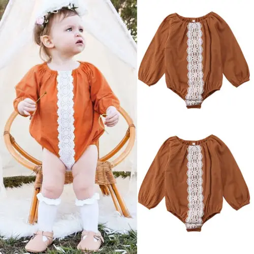 Baby Girl Long Sleeve Triangle Bodysuit Clothes Kids Infant Boys Girls Lace Outfit as Pumpkin Color | Мать и ребенок