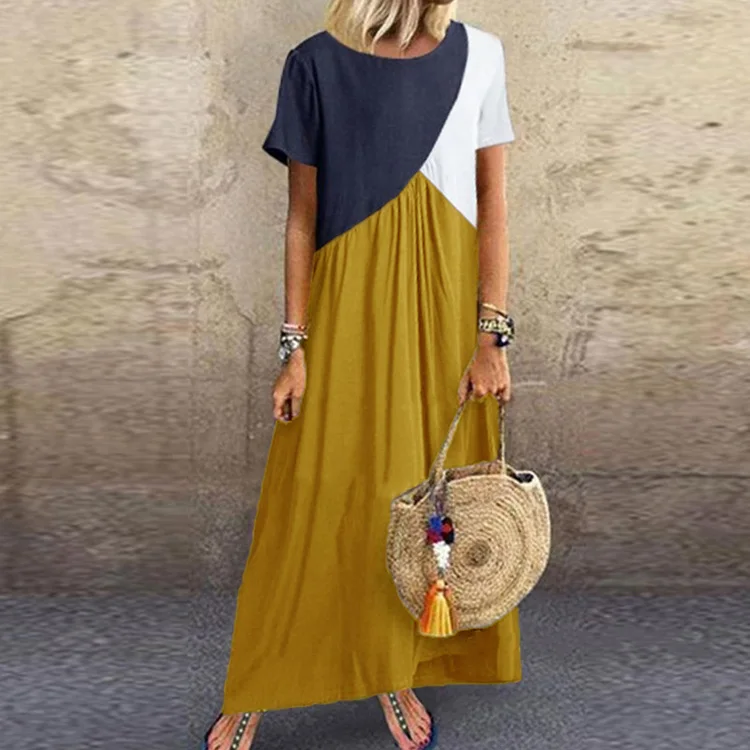01 Yellow Lipswag 5XL, винтажное длинное платье с коротким рукавом, пэчворк, повседневное, свободное, размера плюс, Ретро стиль, макси платья, женское летнее пляжное платье с круглым вырезом - Color: 01 Yellow