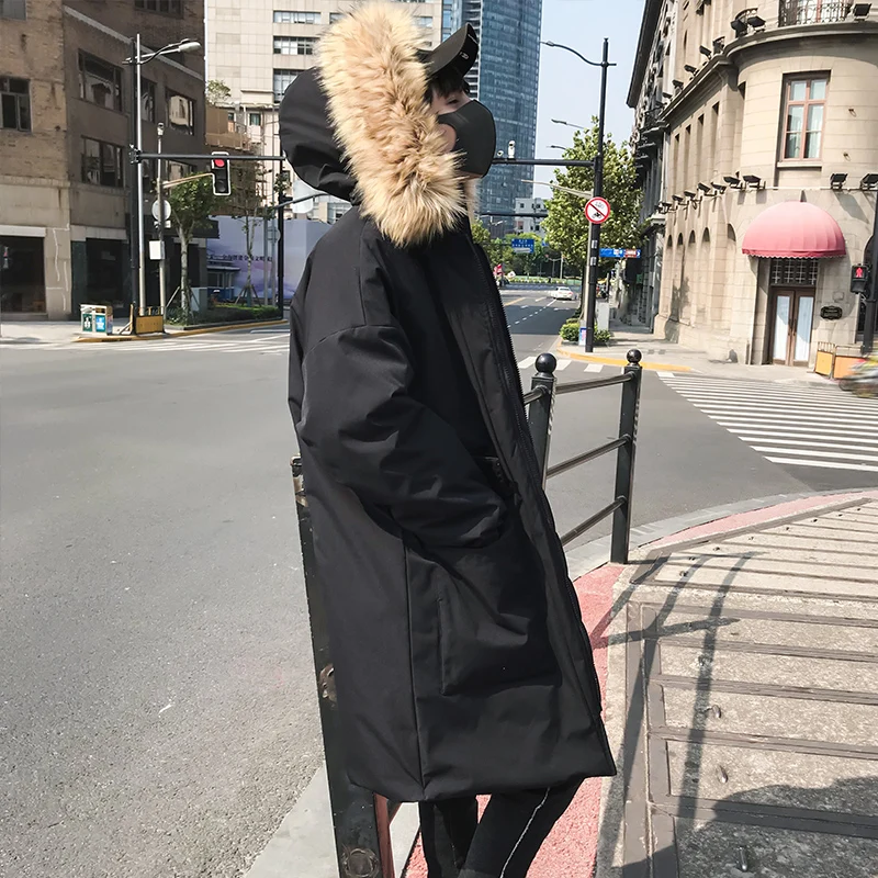 Мужская Длинная черная хлопковая куртка с капюшоном и большим карманом