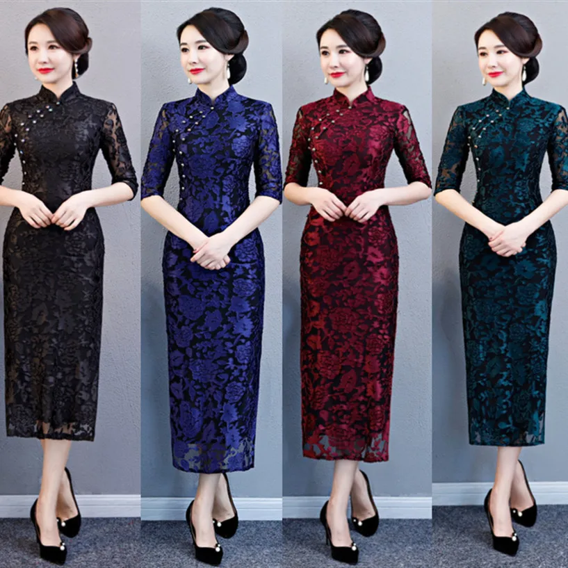 

Novelty Sexy Long Cheongsam 2019 Spring Traditional Chinese style Dress Womens Lace Qipao Slim Party Dresses Button Vestido