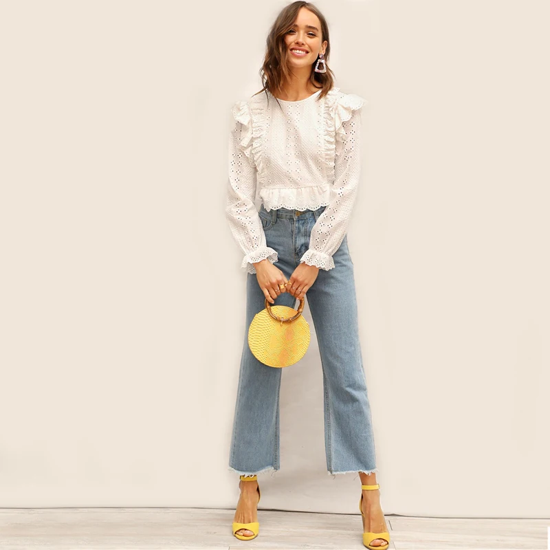 Dotfashion/белые однотонные Женские топы и блузки с рюшами и вышивкой, Весенняя Повседневная Корейская блуза с длинным рукавом в стиле бохо