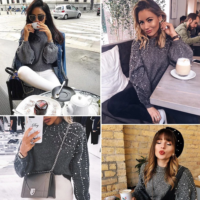 Self Duna 2019 Autumn Winter Pearl Sweater Pullover Loose Vintage Jumper Warm Grey Short Women Knitted Pull Femme | Женская одежда