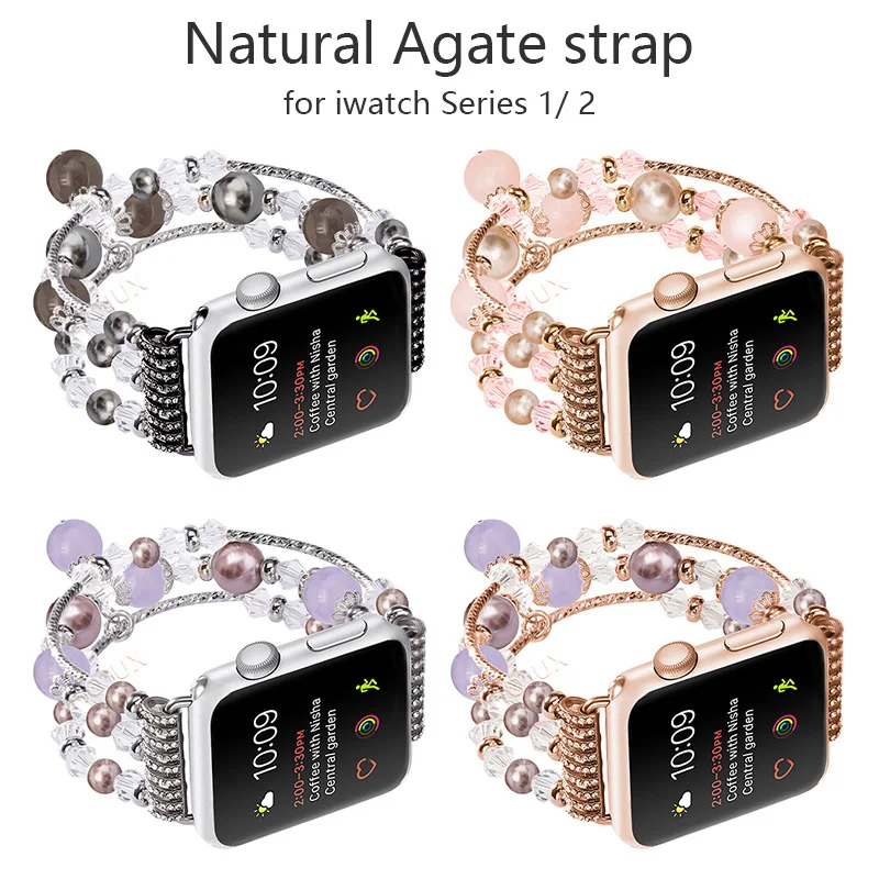 FOHUAS Highquality Natural Gray agate band for Apple watch Replacement wrist women's fashion Wrist Strap With Adapters 38MM 42MM