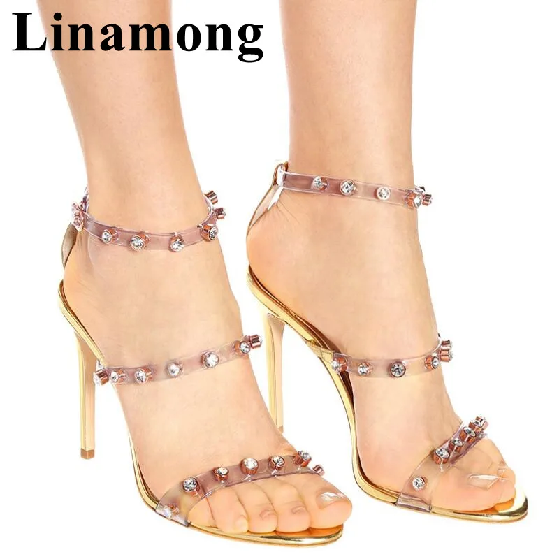 

2019 Newest PCV Crystal Decoration Sexy Thin high Heel And Open Toe Fashion Gold Sample Summer Women Sandals Shoes