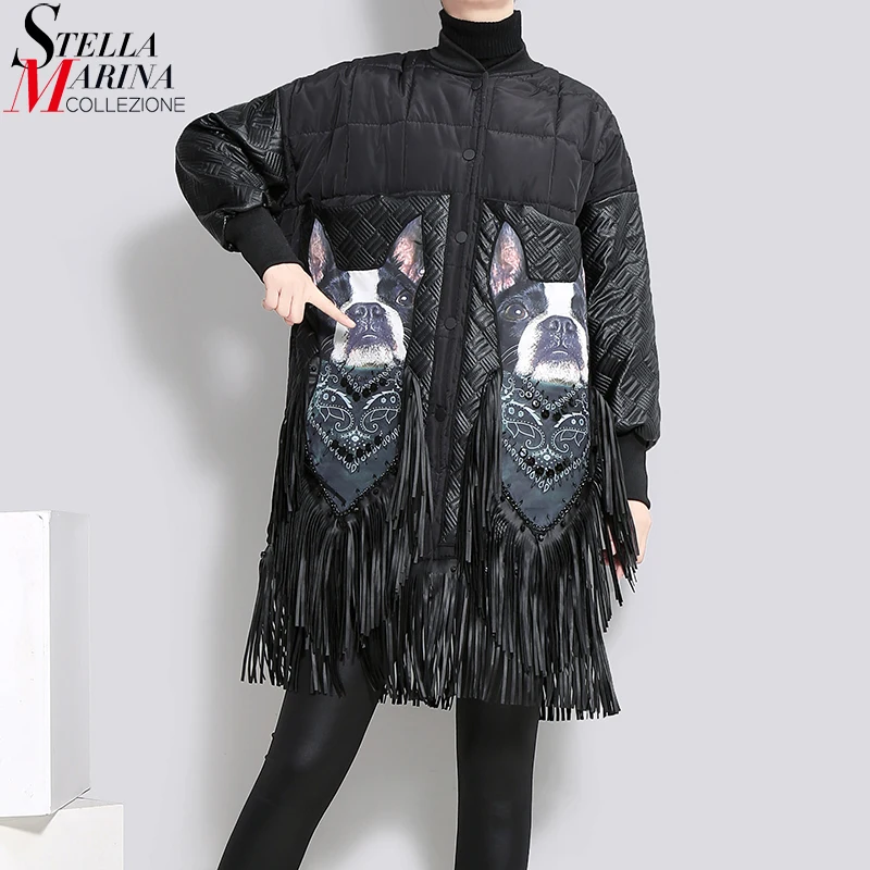 2018 зимние Для женщин Oversize длинные черные парка куртка PU бахромой Стенд воротник с