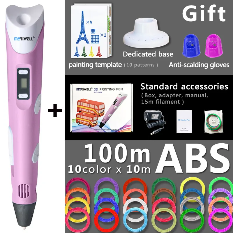 Myriwell 3d Ручка 3d ручки, 1,75 мм ABS/PLA нити, 3d модели, 3d принтер pen-3d волшебная ручка, для детей подарок на день рождения Рождественский подарок - Цвет: Pink pen 100m ABS