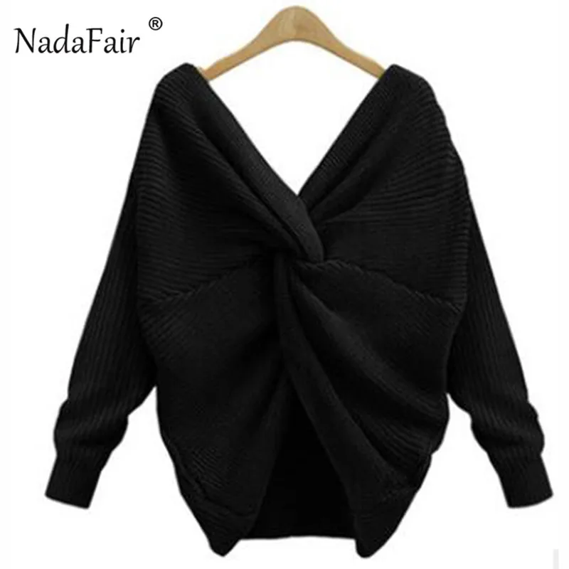 Nadafair, сексуальный свитер с открытой спиной, крест-накрест, женские пуловеры, Осень-зима, длинный рукав, однотонный Повседневный свитер, Женский вязаный джемпер - Цвет: Черный