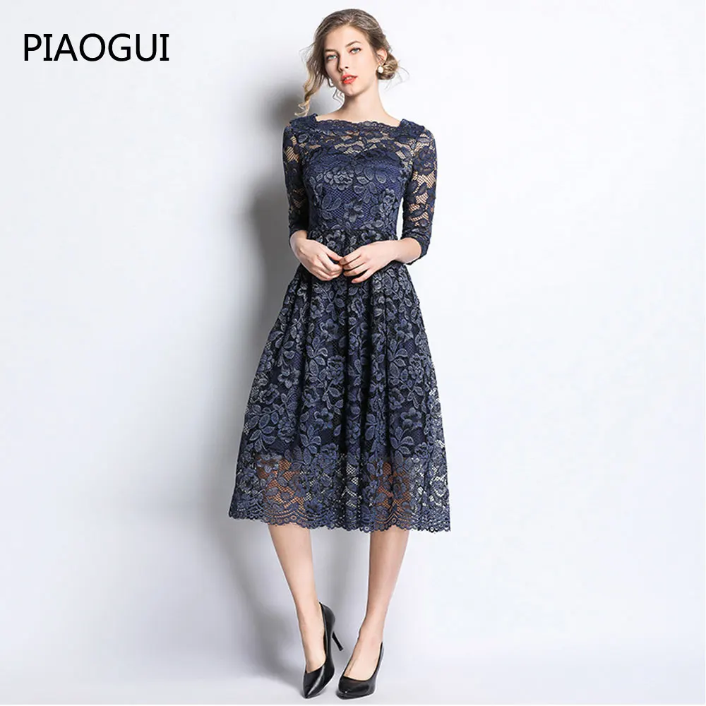 Винтажное платье с вырезом кружевное Элегантное тонкое высокой талией длинное