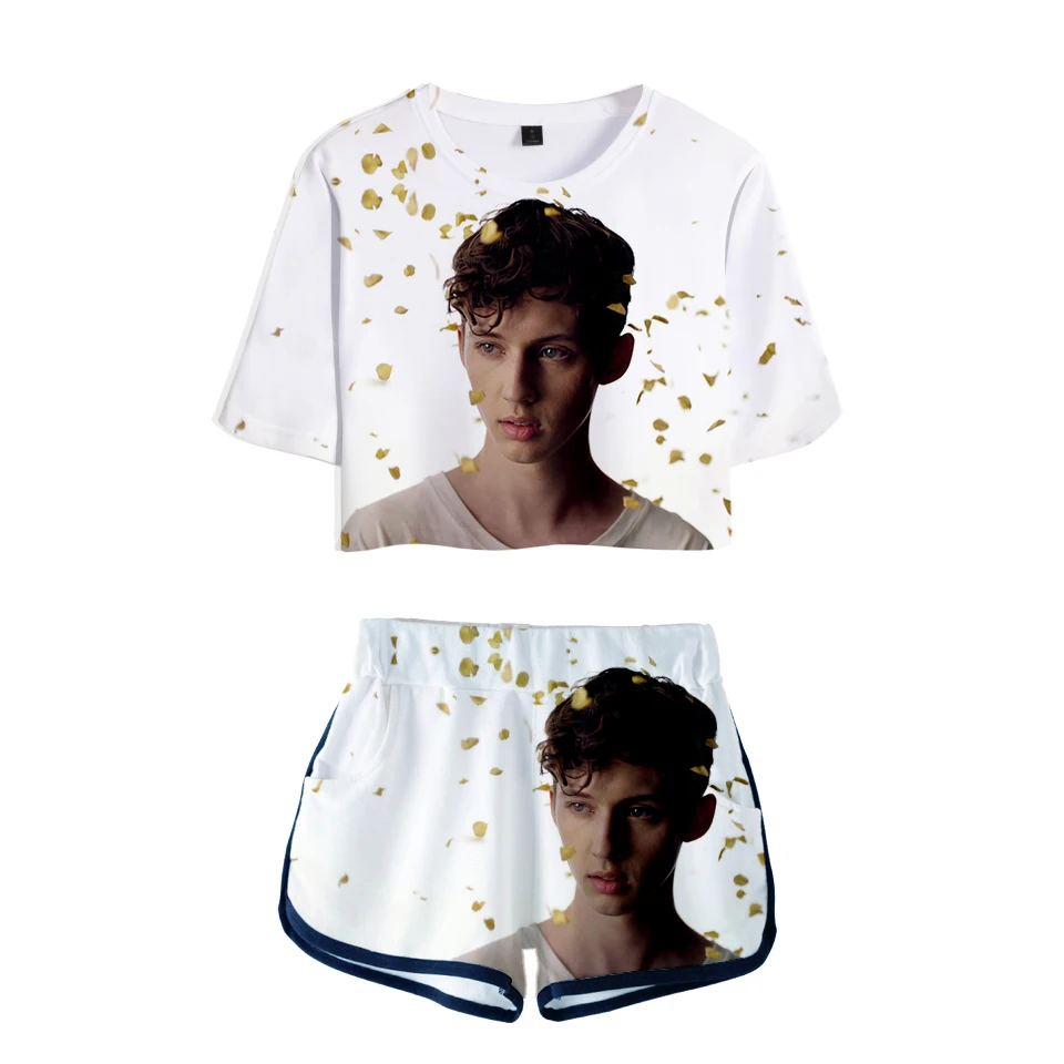 Женский хлопковый костюм с короткими рукавами Troye Sivan футболка пупком + шорты в