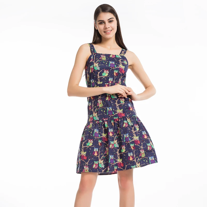 LERFEY Женские Летние Casual Dress С Плеча Сексуальная Сова Печати Спагетти Ремень