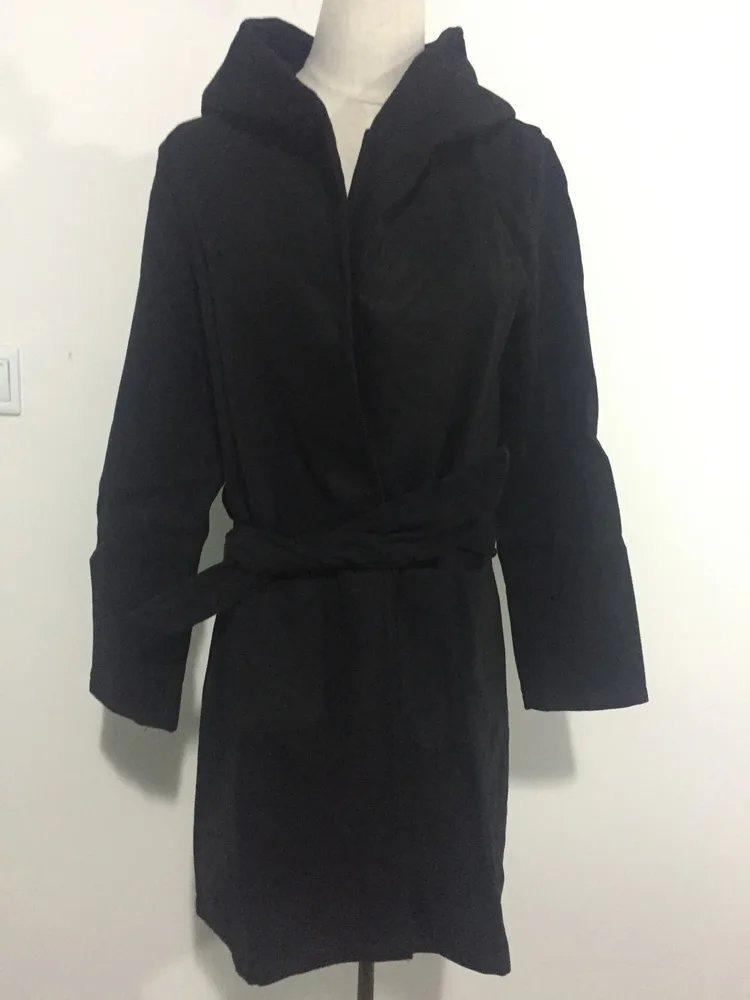 Женское шерстяное пальто с капюшоном Uwback длинное теплое поясом модель EB201 на