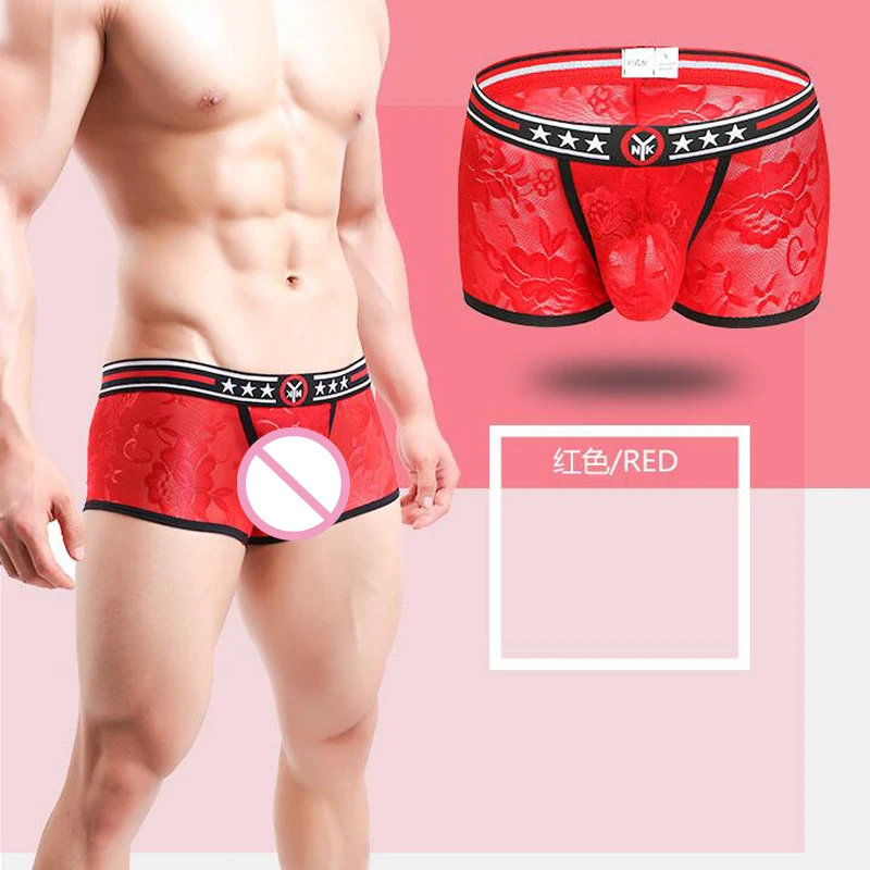 Fashion Men's Lace Transparent Underwear Nylon Comfortable Men Leisure Boxer Shorts Sexy Convex U Pouch Boxer Homme Underpants
