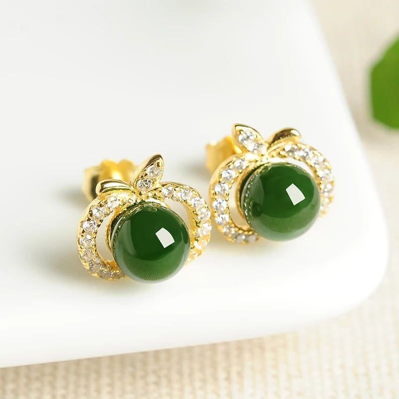 Natural Women'S Fine Jewelry 925 Silver Inlaid Authentic A Goods Jade Apple Earrings Abp1650 Free Shipping | Украшения и