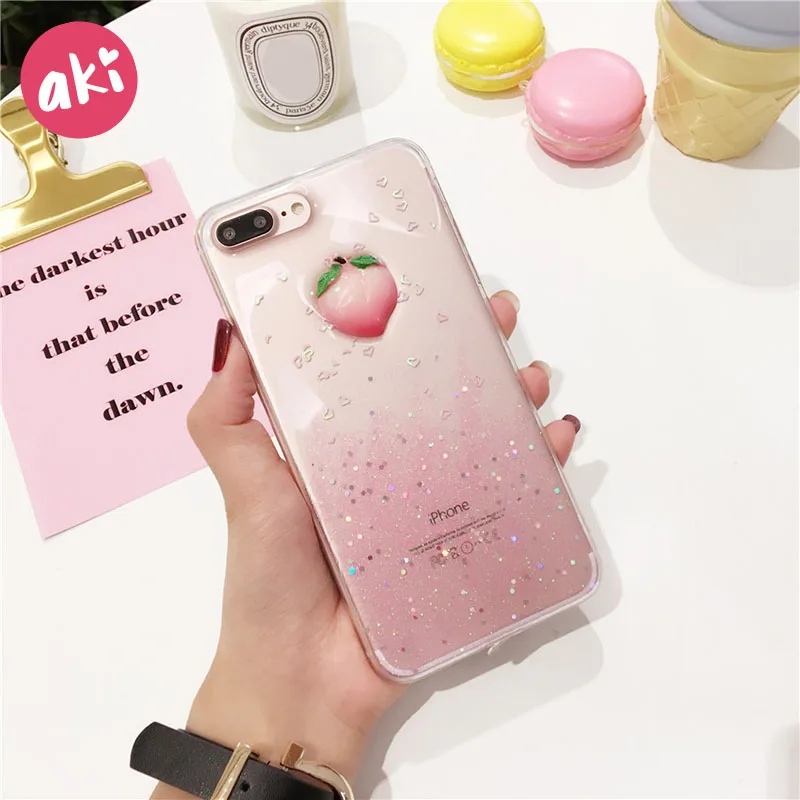 Аки блестящий чехол для телефона s iPhone 7 Plus мягкий ТПУ с блестками фрукты Клубника