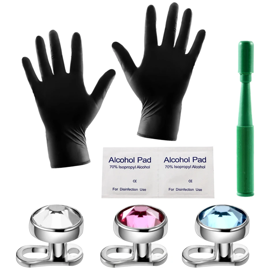 8Pcs/lot Body Piercing Kits G23 Titanium Gem Dermal Anchor Top and Base Steel Dermal Anchor Holding Plier Punches Disposable