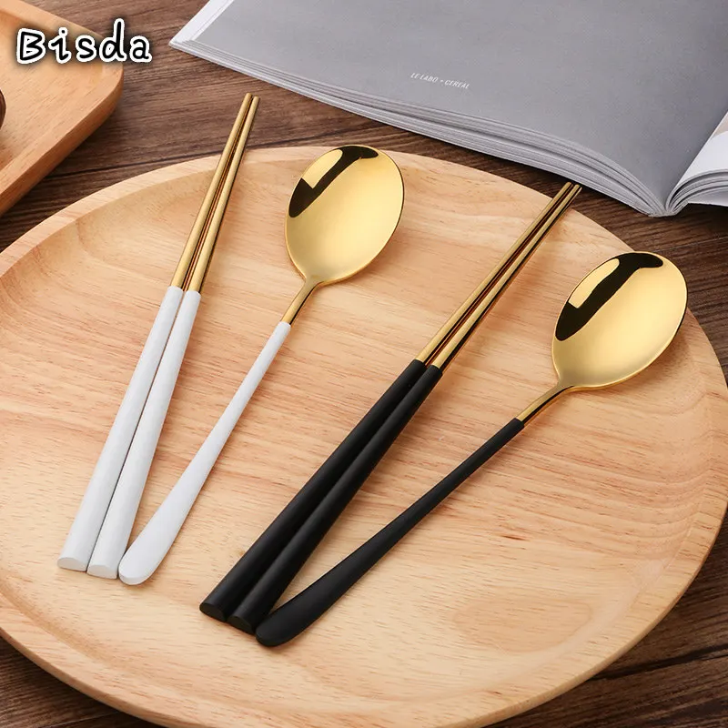 2 набора китайские золотые палочки для еды ложка столовые приборы 18/8 нержавеющая