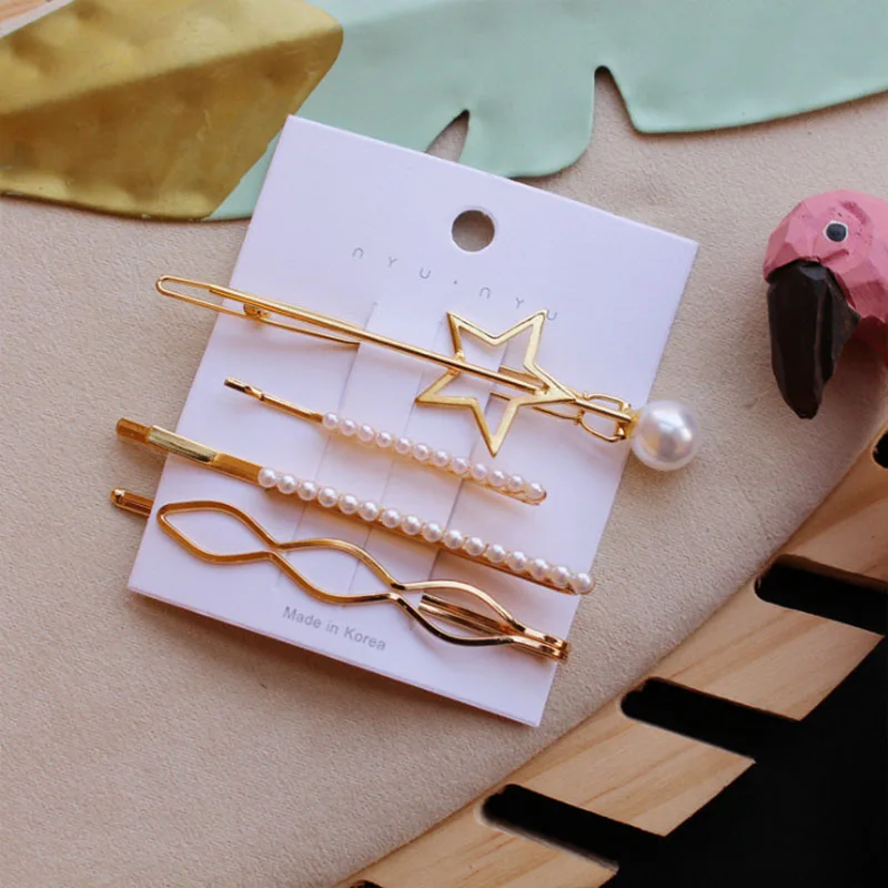 

Vintage Imitation Pearl Geometric Hair Clips for Women Hair Accessories Hollow Heart Star Gold Color Metal Hairpins Hair Jewelry