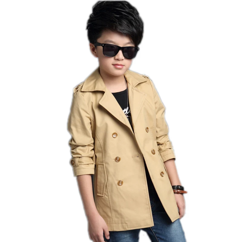 

Boy Trench Coat 2018 Long Sleeve Outerwear Kids Windbreaker Double Brested Boys Children Trench Coat Black and Khaki Outerwear