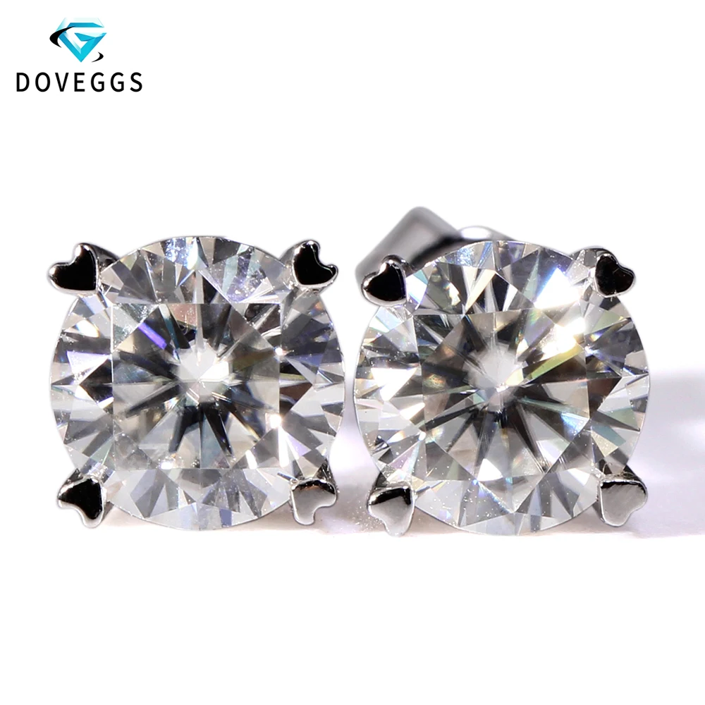 Серьги гвоздики DovEggs из белого золота с муассанитом и бриллиантом 14 к 585 2CTW карата